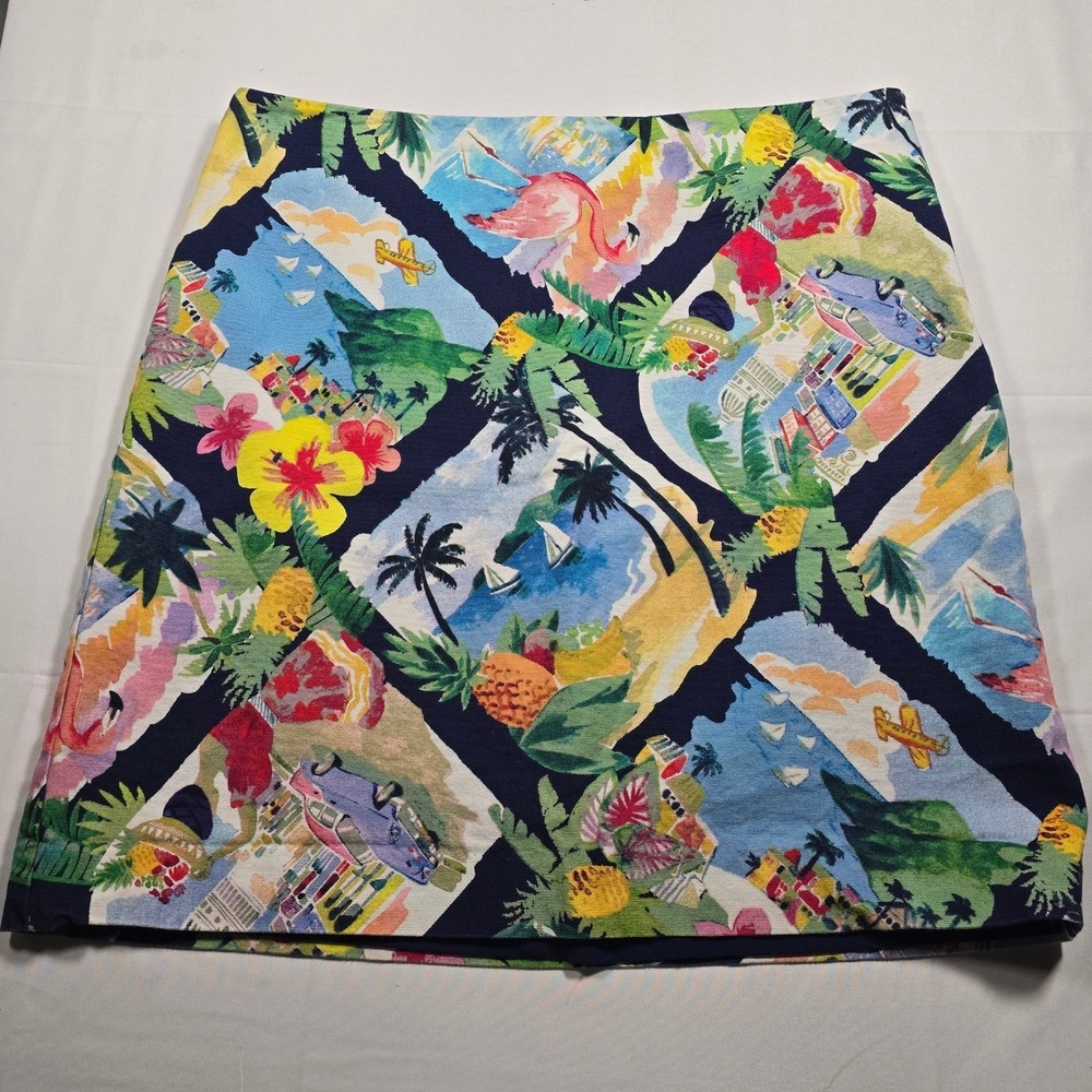 Talbots Petites Tropical Postcard Flamingo Print Skirt Womens 10P Navy Blue Mini